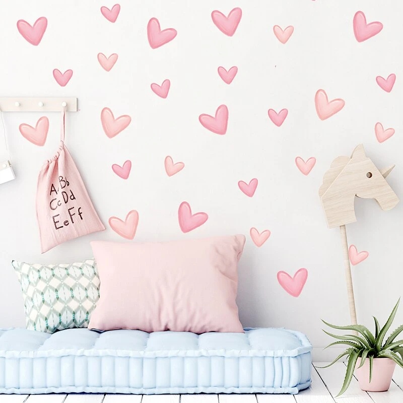 6pcs Stiker Dinding Seni Hati Pink Lucu/Kamar Tidur Anak Pink Love Wall Decor Sticker/Kamar Anak Perempuan Kawaii Dekorasi/Kamar Tidur Bayi Perekat Diri Tahan Air Wallpaper Dekorasi