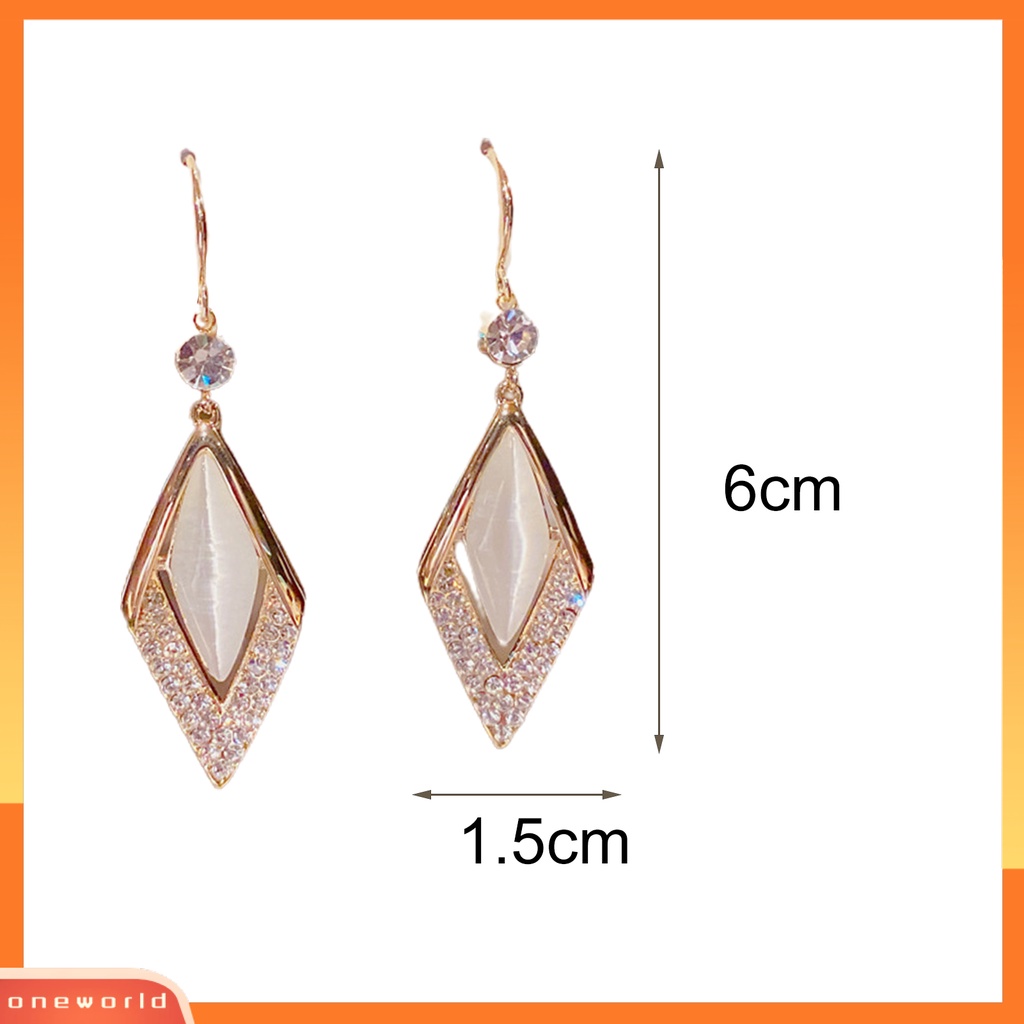 [WOD] 1pasang Berlian Imitasi Shiny Drop Earrings Alloy Faux Opal Belah Ketupat Pendant Hook Earrings Perhiasan Pesta