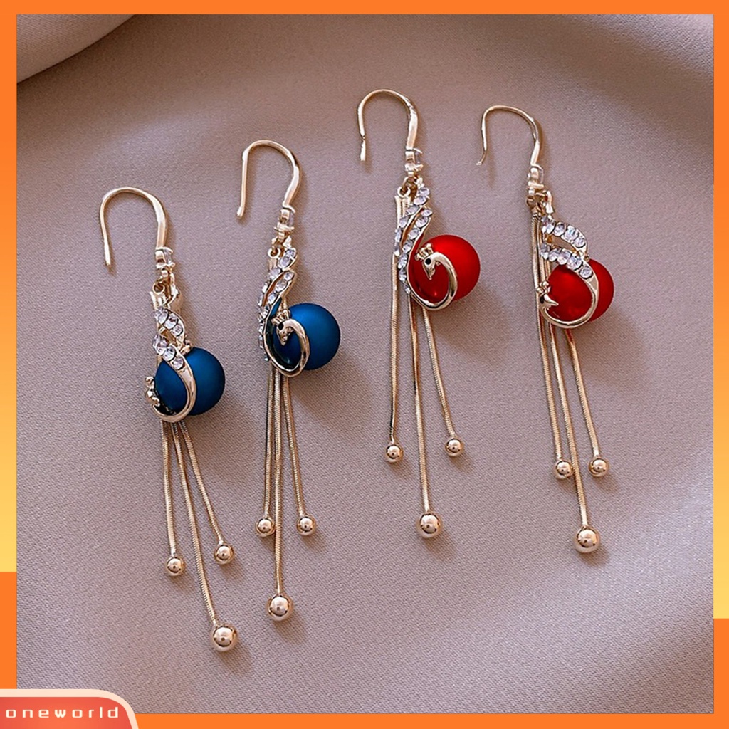 [WOD] 1pasang Tindik Shiny Drop Earrings Alloy Faux Peacock Pearl Tassel Lady Hook Earrings Perhiasan Pesta