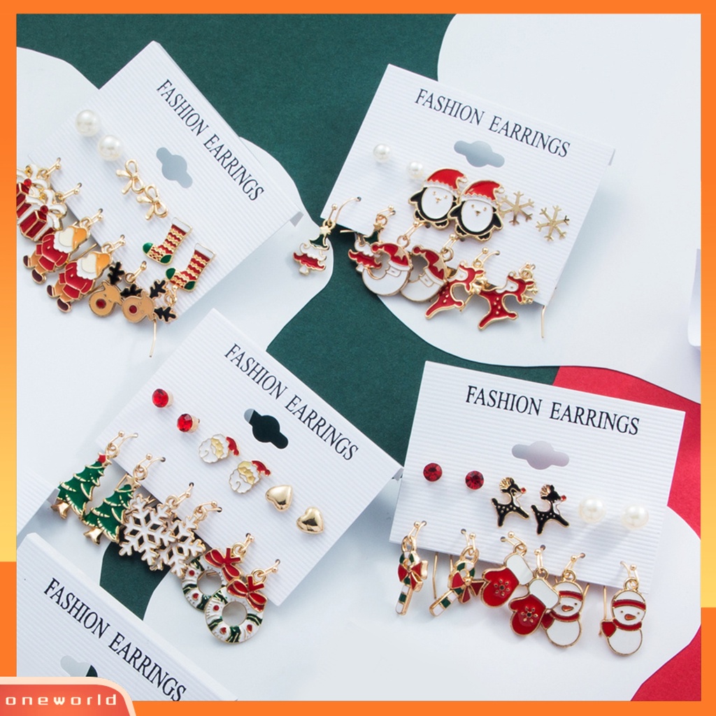 [WOD] 6pasang/set Anting Natal Meriah Enamel Geometris Mengkilap Electroplating Dekorasi Perhiasan Hadiah Pohon Xmas Elk Snowman Santa Claus Ear Studs Menjuntai Earrings