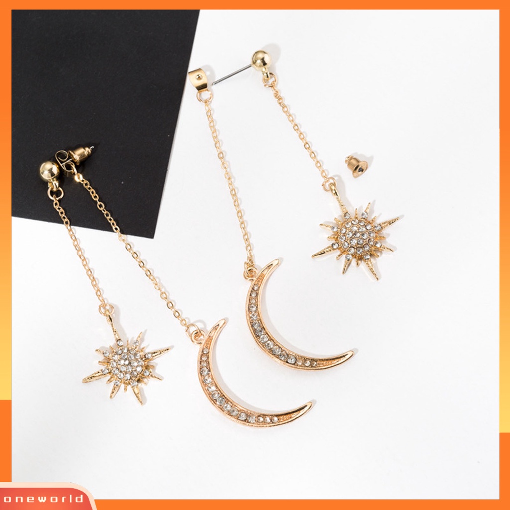 [WOD] 1pasang Anting Menjuntai Bulan Bintang Perhiasan Berlian Imitasi Berkilau Electroplating Stud Earrings Untuk Pakaian Sehari-Hari