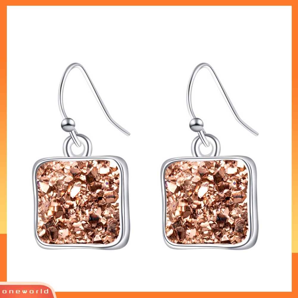 [WOD] Fashion Wanita Druzy Square Geometris Menjuntai Drop Hook Anting Perhiasan Hadiah