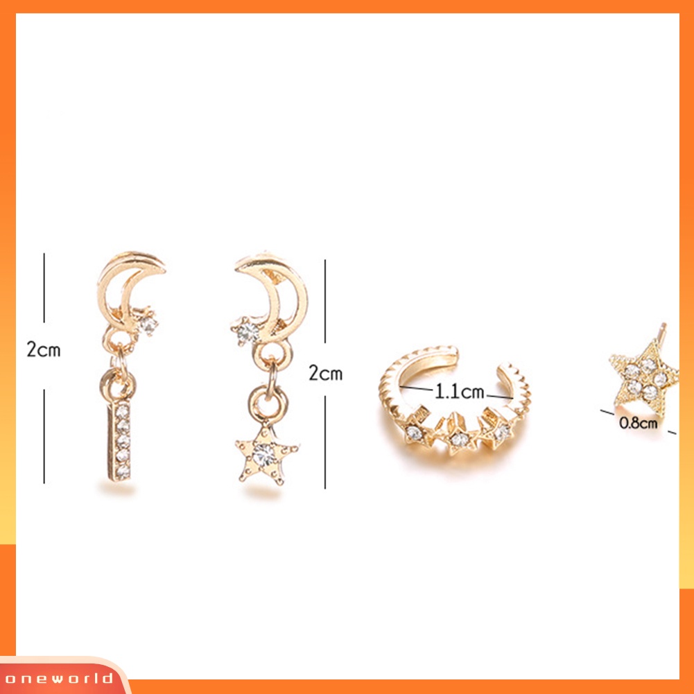 [WOD] 4pcs/set Bohemian Berongga Bulan Bintang Persegi Panjang Pesona Berlian Imitasi Telinga Stud Earrings