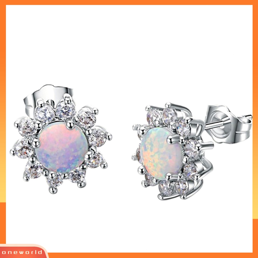 [WOD] Shiny Round Faux Opal Bentuk Mahkota Charm Stud Earrings Wanita Pesta Perhiasan Hadiah