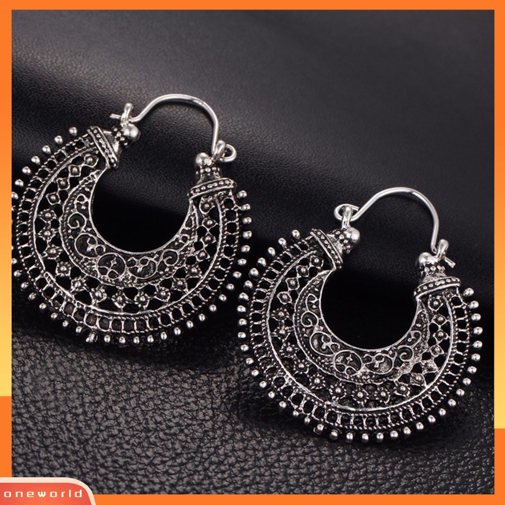 [WOD] Retro Etnik Berongga Keluar Ukiran U Berbentuk Keranjang Wanita Kawat Hoop Drop Earrings