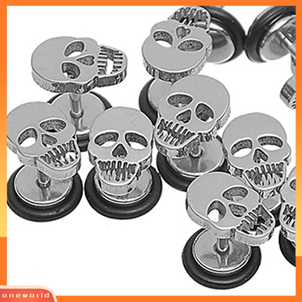 [WOD] 1pasang Unisex Punk Gothic Stainless Steel Barbel Tengkorak Telinga Studs Anting Perhiasan