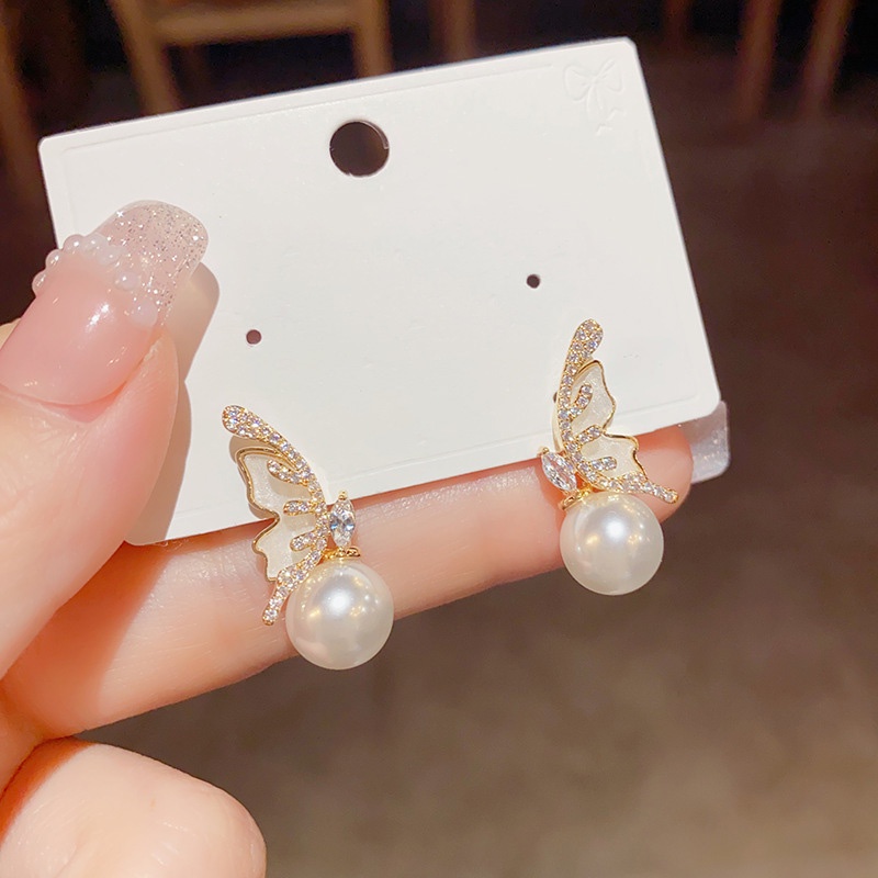 Jepang Japan Korea Selatan Gaya Baru Elegan Ringan Mewah Kupu-Kupu Berlian Imitasi Mutiara Fashion Berkelas Anting