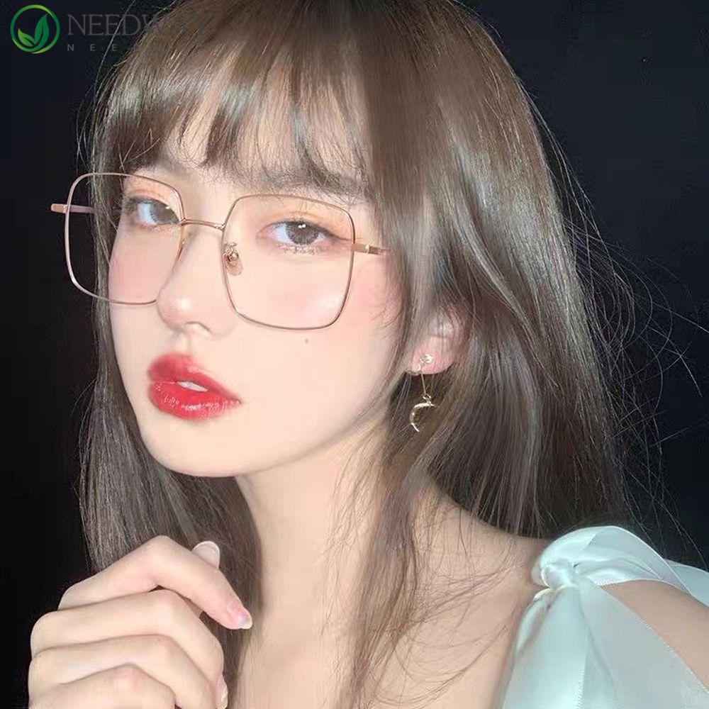 Needway Wanita Kacamata Baca Trendi Vintage Bingkai Besar Anti-Cahaya Biru Ulralight Tipis Kacamata Lensa Bening