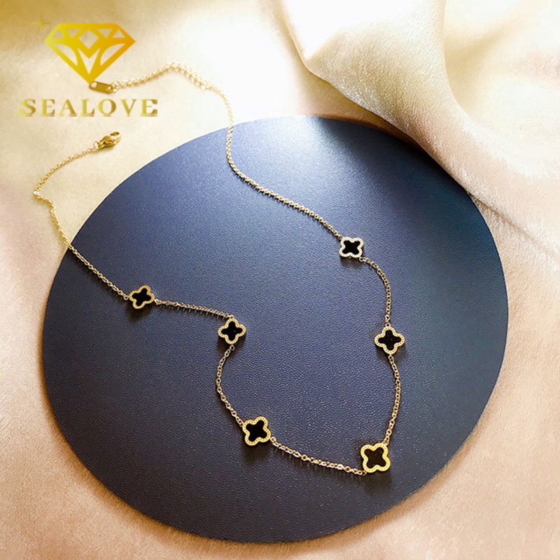 Kalung Titanium Anti Karat Bunga Hitam Keberuntungan Cantik  Emas 18K Korea Aksesoris Wanita Perhiasan