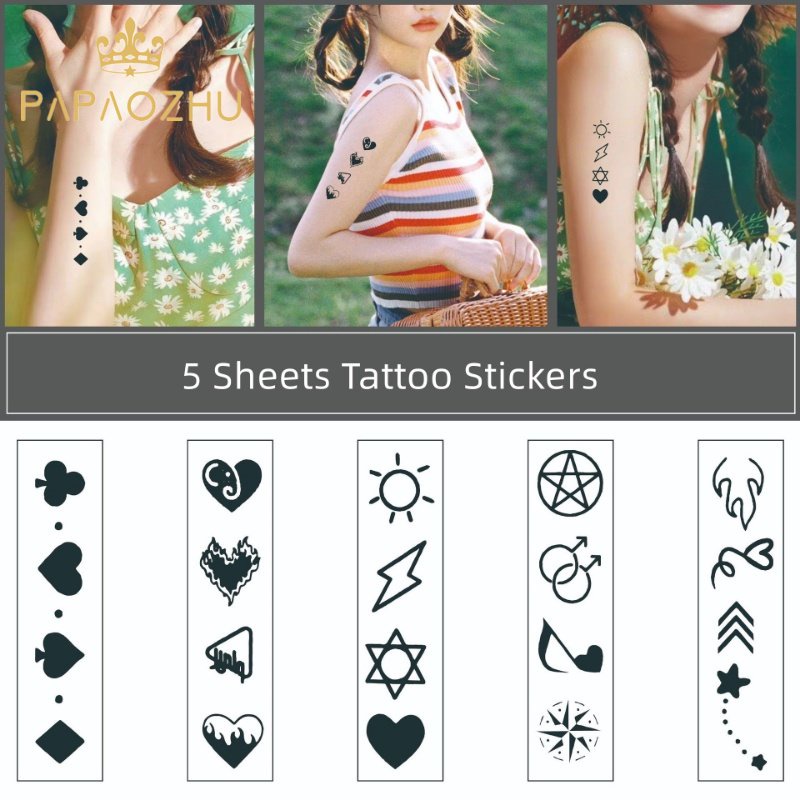 Papaozhu 5lembar Fashion Bintang Hati Hitam Kecil Tato Temporer Untuk Wanita Perempuan Tahan Lama Tiny Geometric Tattoo Stickers for Arm Hand Leg Whole Body Ornaments
