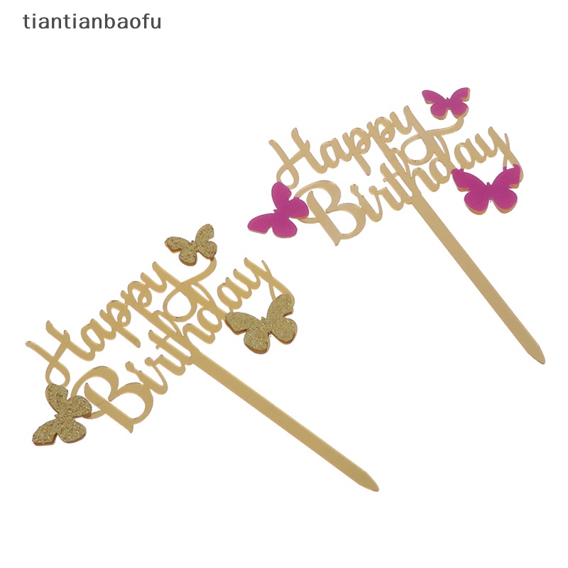 [tiantianbaofu] 1pc Happy Birthday Cake Topper Butterfly Akrilik Hiasan Sisipan Kue Butik