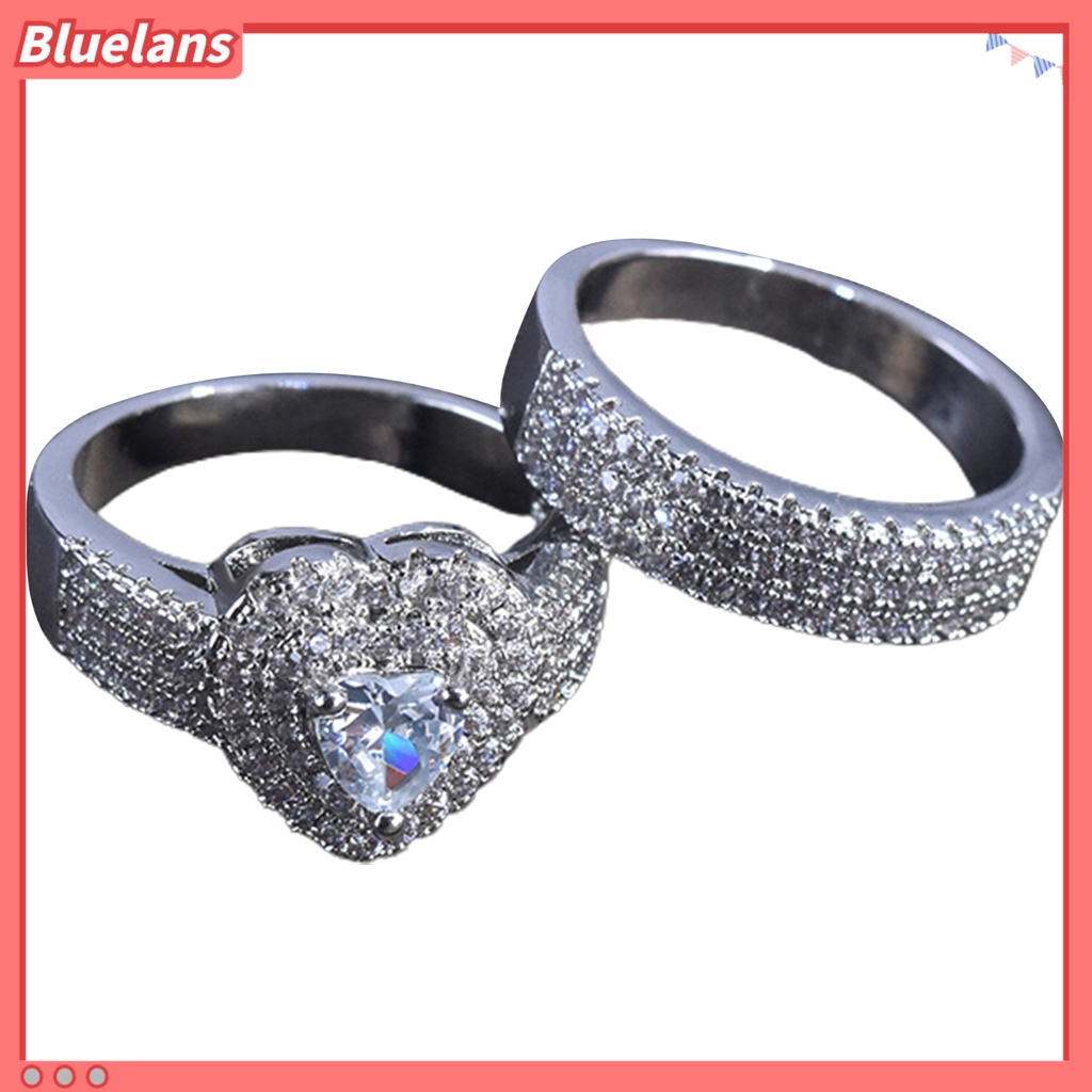 [BLS] 2pcs/set Cincin Pengantin Berlian Imitasi Mengkilap Mewah Geometris Indah Perhiasan Hadiah Menawan Kekasih Bentuk Hati Janji Cincin Perhiasan Aksesori