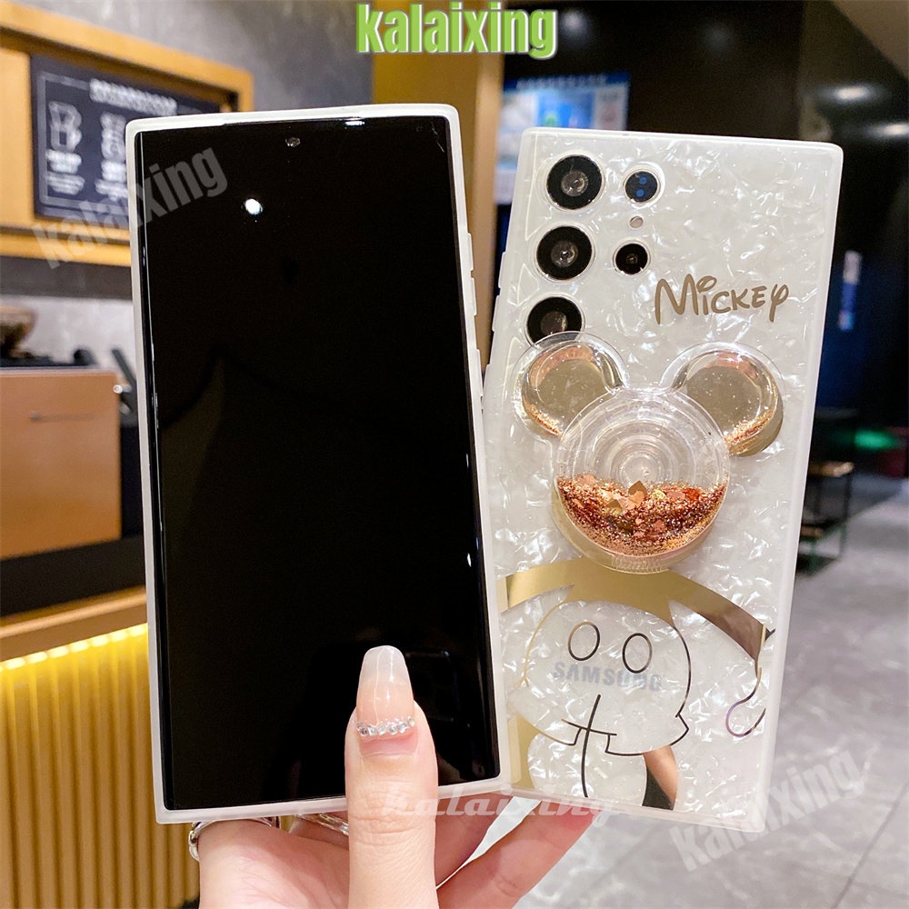 Casing Ponsel Shell Bersinar Mickey Minnie Untuk Galaxy Samsung S21 Plus S22/S23/Ultra Plus Dengan Bracket Teleskopik Lembut Penutup Belakang