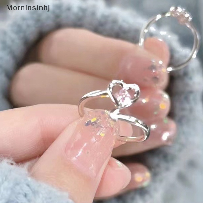 Mornin Fashion Shiny Pink Rhinestone Heart Opening Couple Rings Vintage Kristal Adjustable Finger Ring Untuk Wanita Kekasih Perhiasan Hadiah id