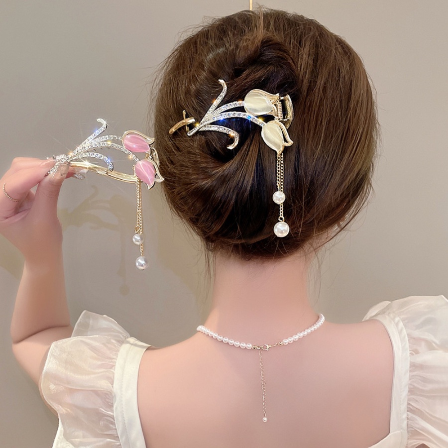 Korea Alloy Berlian Imitasi Tulip Rumbai Rambut Klip Ponytail Holder Mutiara Kristal Jepit Rambut Woman Aksesoris Rambut