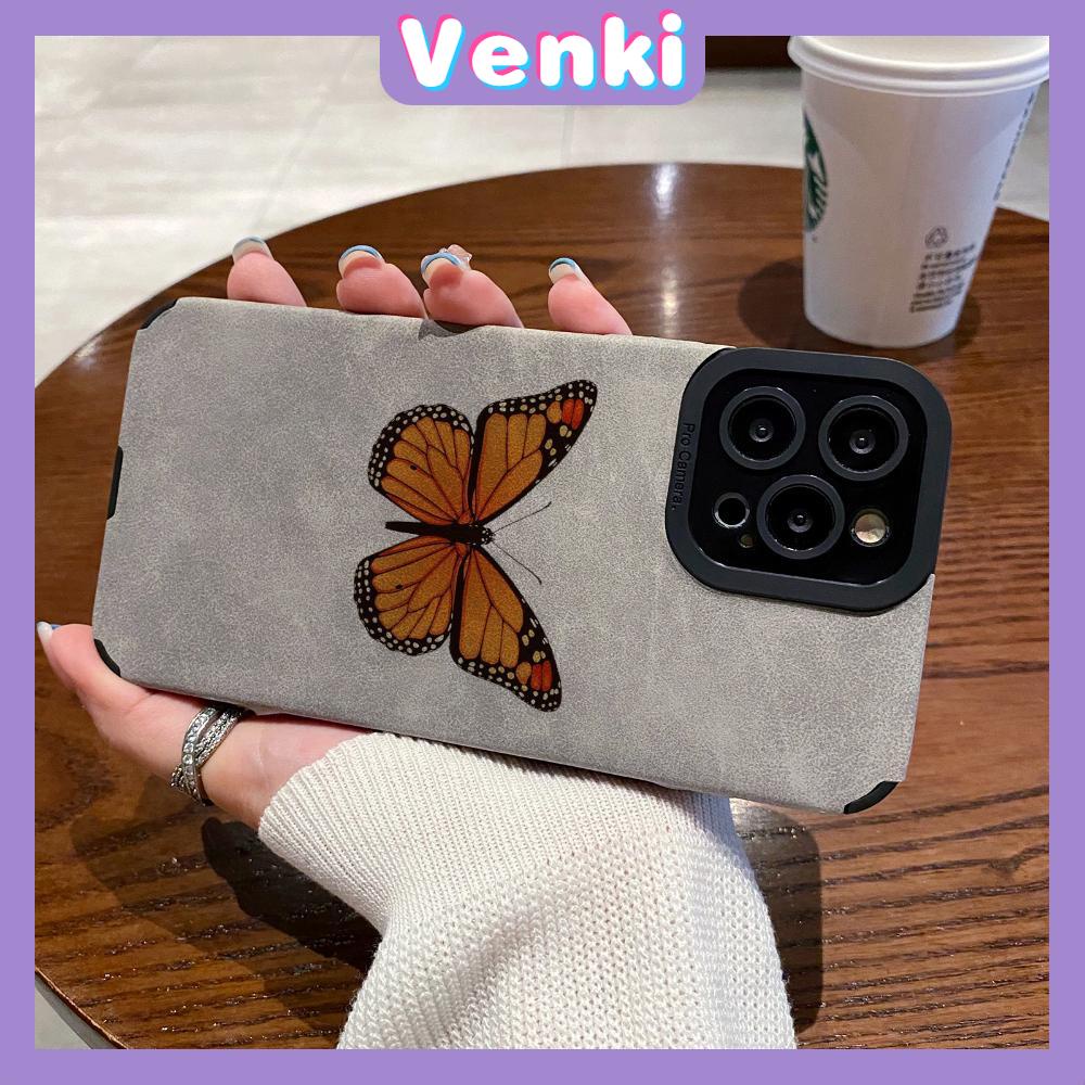 VENKI - Untuk iPhone 11 Case Leather Pupil Suede Cover Soft Shockproof Case Camera Simple Yellow Butterfly Kompatibel dengan iPhone 14 13 Pro max 12 Pro max xr xs 7Plus 8Plus