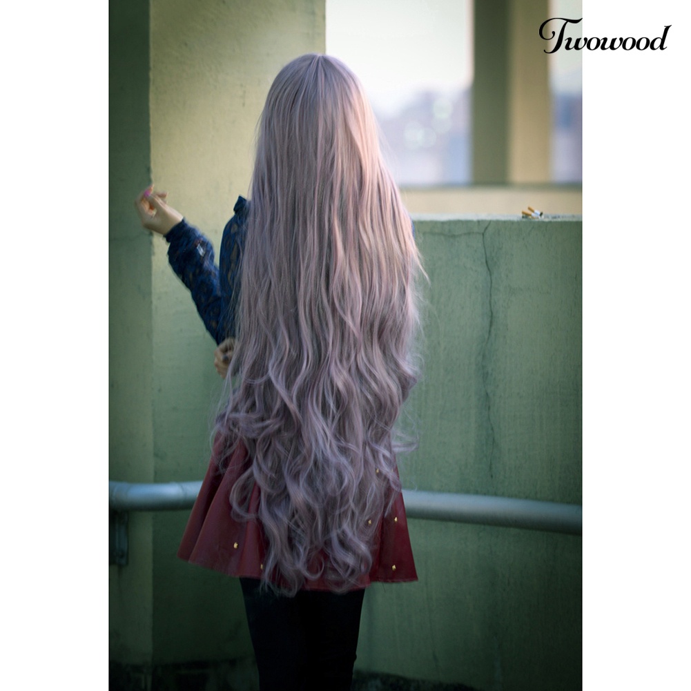 Twowood 100cm Wanita Panjang Keriting Bergelombang Pusat Rambut Parting Fashion Kostum Pesta Cosplay