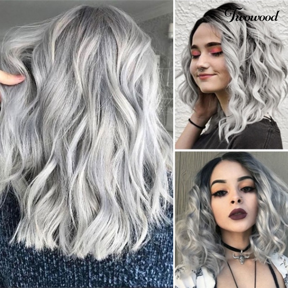 Twowood Gradient Grey Side Parting Curly Wig Wanita Panjang Bahu Cosplay Sopak