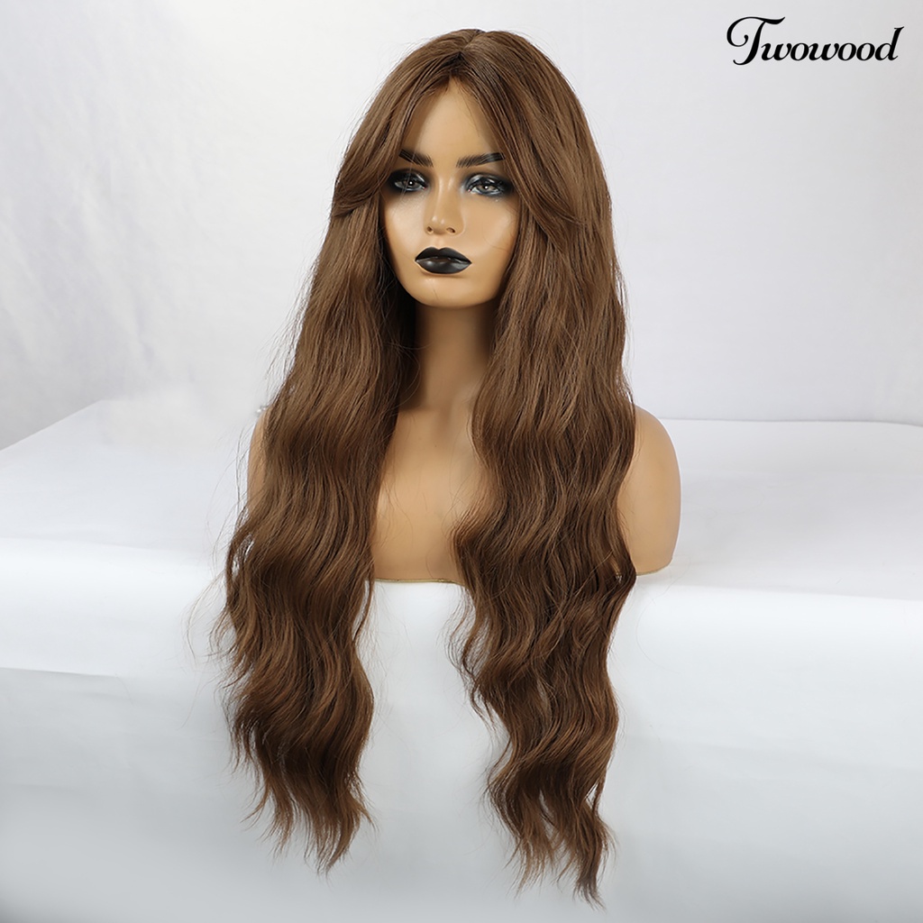 Twowood Wanita Fashion Panjang Bergelombang Keriting Rambut Pesta Cosplay Sintetis Alami Penuh Wig