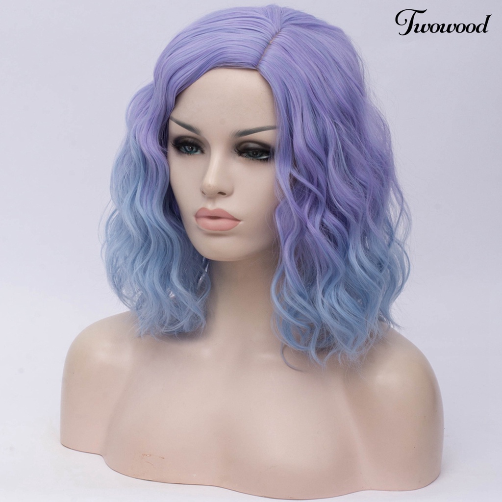 Twowood Wanita Fashion Gradien Mie Instan Keriting Medium Pendek Wig Cosplay Sopak