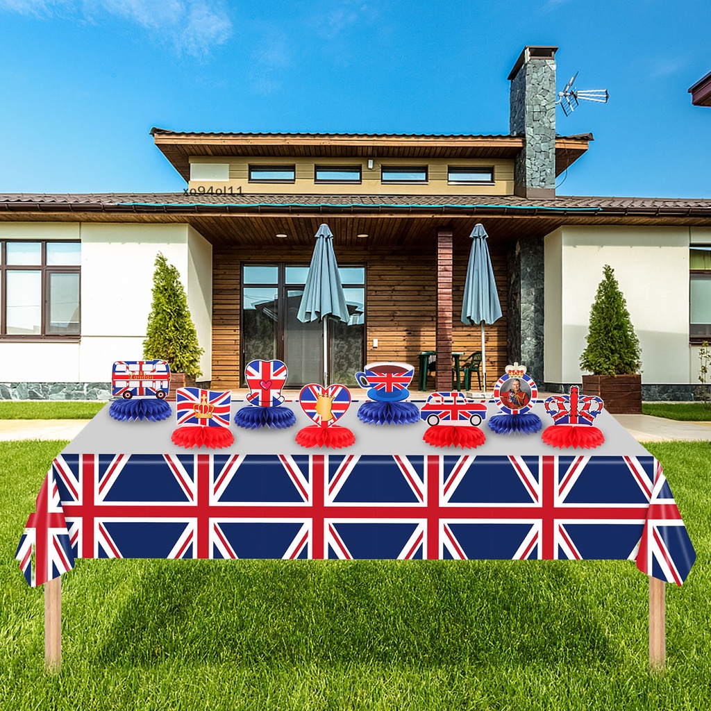 Xo 9pcs King Charles III Coronation Decorations Honeycomb Centerpieces Untuk Meja 220x130cm Union Jack Flag Taplak Meja Sarang Lebah Topper Ornamen Untuk King Charles the Third Street P