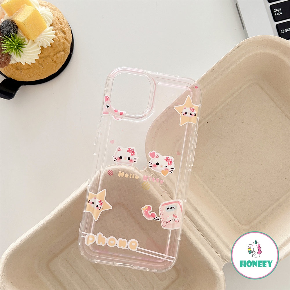 Casing Airbag Kitty Kartun Lucu Untuk iPhone 11 Pro Max12 13 14 Pro Max XR XS 7 8plus Bening Motif Bunga Bintang Penutup Belakang