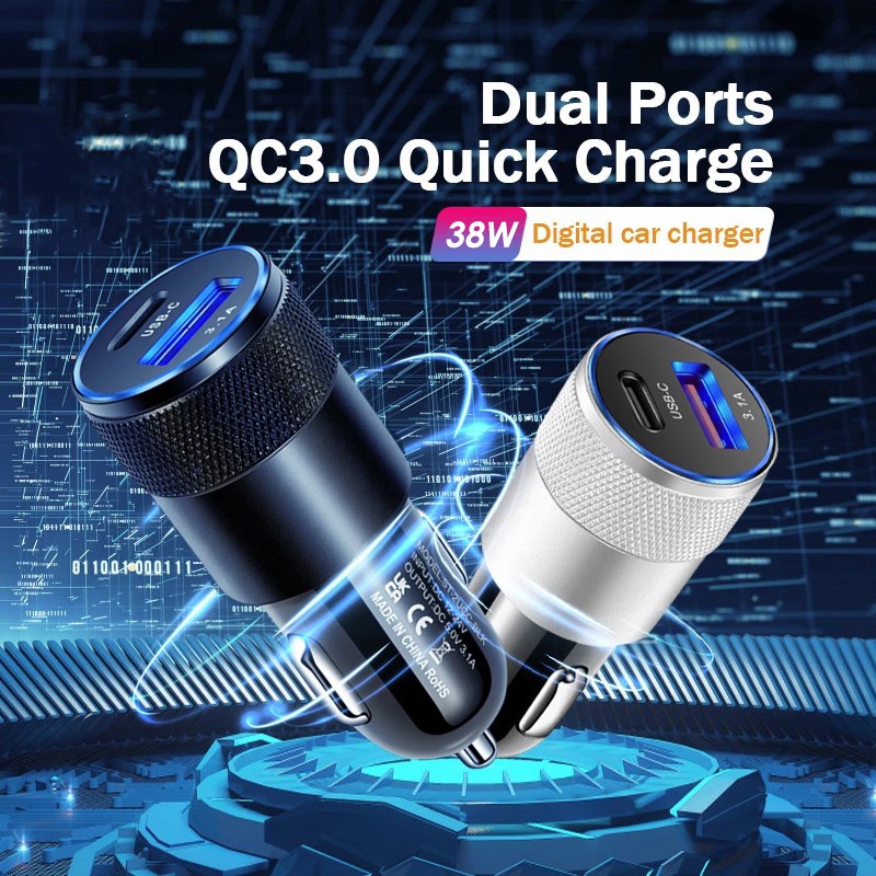 3.1a 15/38W Dual Ports Car Quick Charger Type-C USB Adaptor Ponsel QC3.0 USB +PD Fast Charger Hitam Paduan Aluminium Charger Aksesoris Interior Mobil