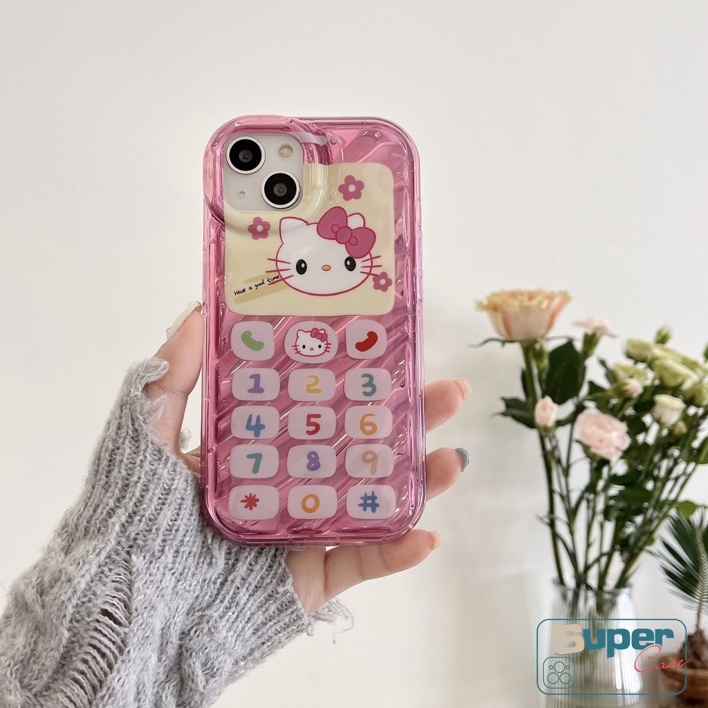 Casing Kartun Lucu Hello Kitty 3D Stereo Kerut Kompatibel Untuk IPhone 7Plus 11 13 14 12 Pro MAX XR 8 6 6S Plus X XS MAX SE 2020kartu Warna Kreatif Vintage Numerik Keypad Cover