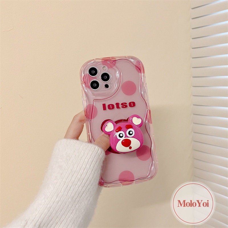 IPHONE Case Ponsel Beruang Strawberry Kartun Kompatibel Untuk Iphone7 6 8 6s Plus 11 13 12 14 Pro Max XR X XS Max 7Plus SE 2020 3D Wavy Curved Edge Holder Cover Dengan Penutup Bracket Manyo Lucu