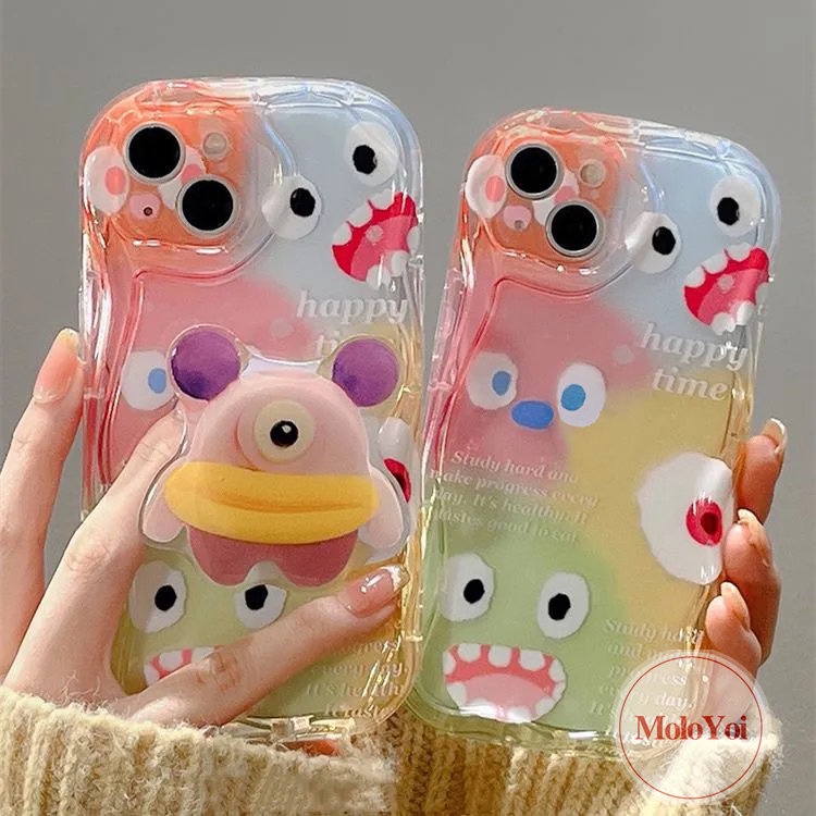 IPHONE Kartun Lucu Warna Monster Kecil Stand Bracket Case Kompatibel Untuk Iphone11 13 14 12 Pro Max 7Plus XR XS X Max7 8 6s 6 Plus Se2020 3D Wavy Curved Edge Soft Case