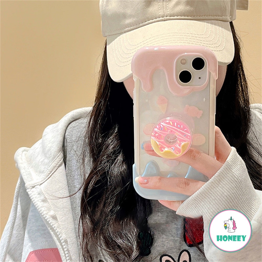 IPHONE Lucu 3D Donat Holder Stand Melted Ice Cream Soft Phone Case Untuk Iphone14 13 12 Pro Max11 Lovely Shockproof Back Cover