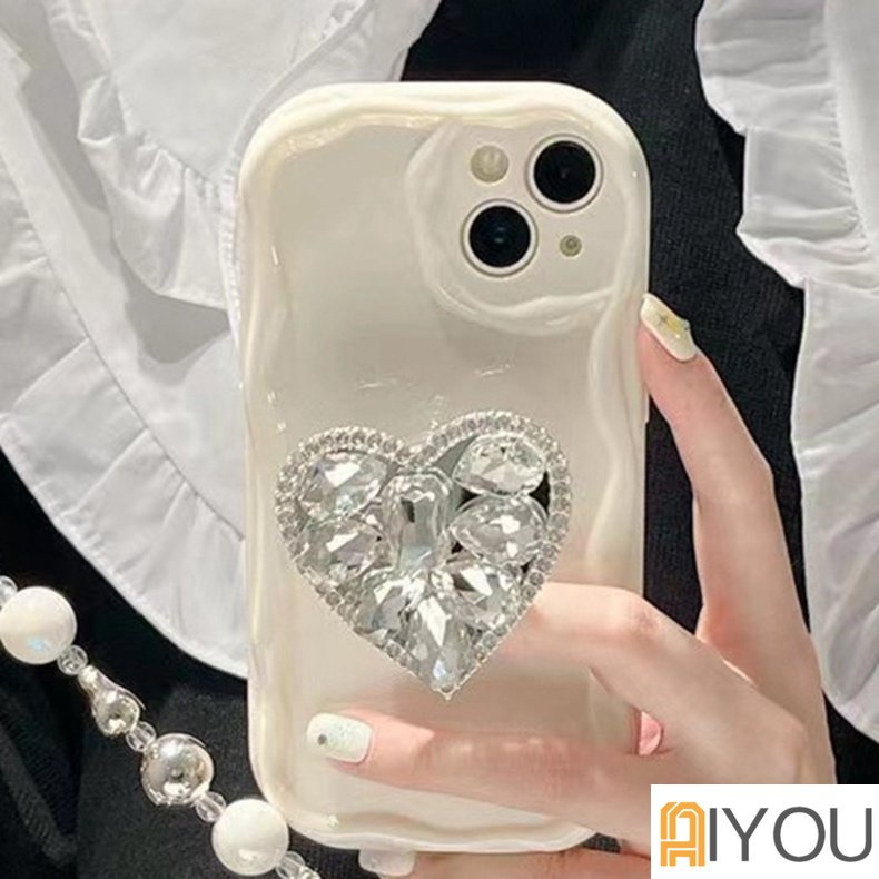 IPHONE Mewah Bling Berlian Love Heart Phone Grip Tok Griptok Korea Holder Phone Case Untuk Iphone11 12 13 14 Pro Max7 8 Plus 11Pro X XR XS MAX Se2020 2022 Casing Ponsel Gelombang Lucu