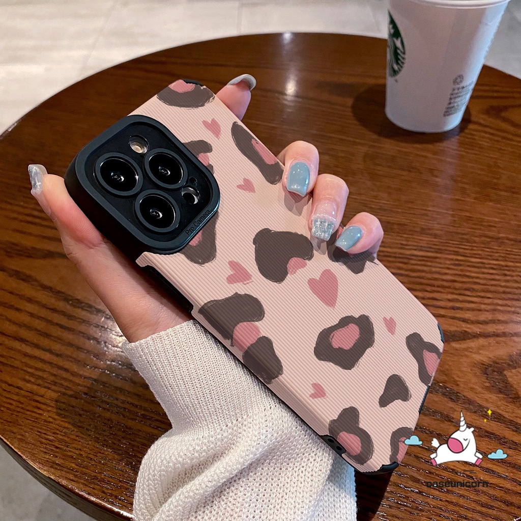 Fashion Pink Bintang Huruf Cinta Hati Soft Case Kompatibel Untuk iPhone 7Plus 11 13 14 12 Pro MAX XR 78 Plus X XS MAX Jahitan Kulit Mewah Tekstur Kulit Leopard Tahan Guncangan Cover