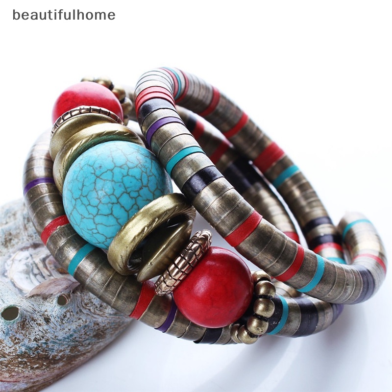 {beautifulhome} Wanita Warna Perak Imitasi Turquoise Boho Adjust Bangles Charm Chic Beads Bracelets.