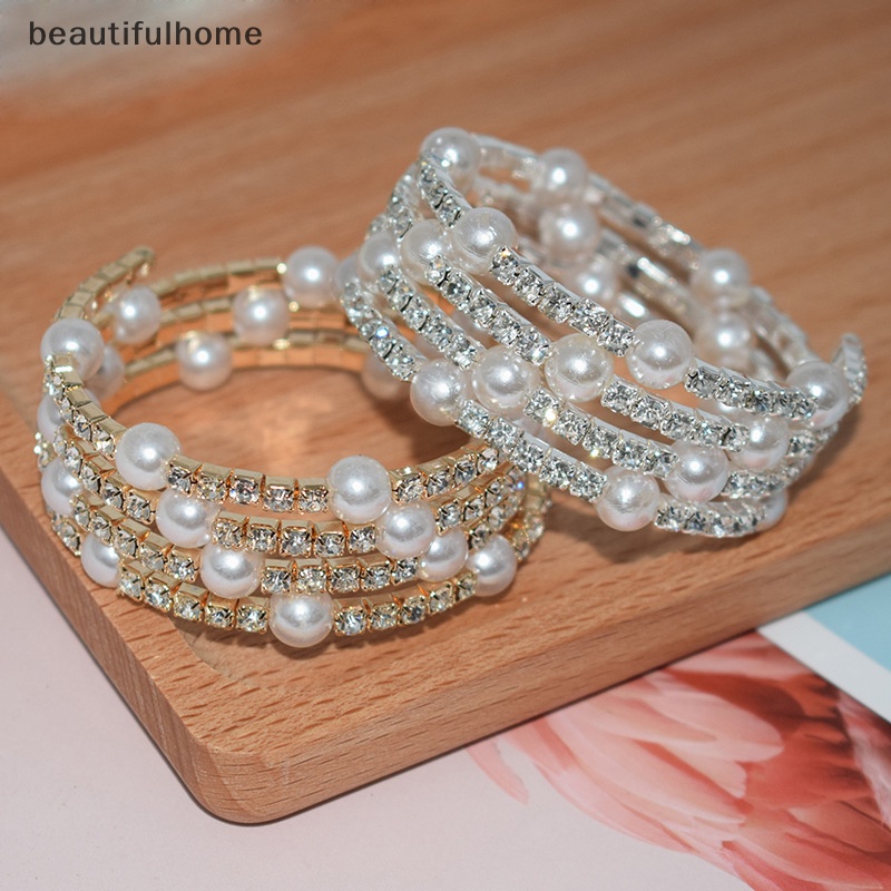 {beautifulhome} Gelang Mutiara Imitasi Kristal Elegan Multilayer Gelang Mutiara Stretchable Pearl Bracelet Untuk Wanita Hadiah Perhiasan Pengantin.