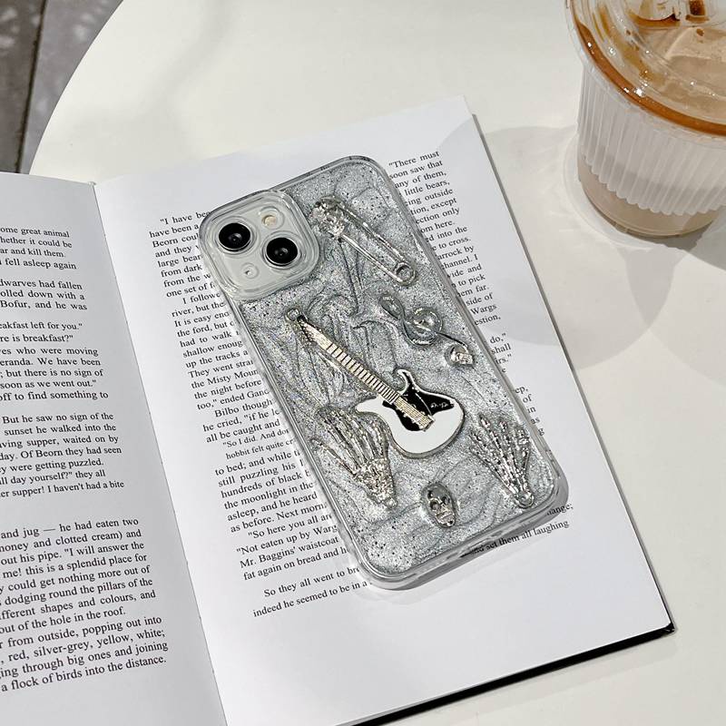 Silver Grey Pigment Metal Guitar Soft TPU Case HP iP iPhone 14 13 12 11 Pro X XS XR Max 7 8 + Plus SE 2020 2022 Drop Glue FTD Casing Apple