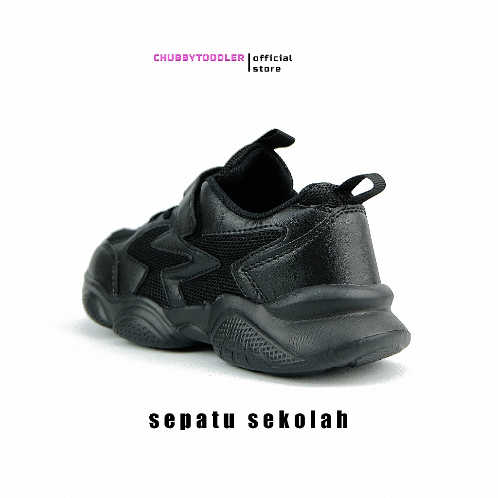 GLORYKIDZ SH2328 Sepatu Sekolah Anak full black dengan strap perekat ringan SD SMP SMA size 28-39