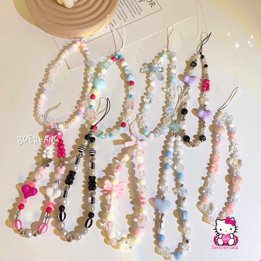 Baru Hitam Putih Beruang Senyum Cinta Hati Manik-Manik Rantai Ponsel Pesona Wanita Gadis Dekorasi Ponsel Lanyard Tali Telepon
