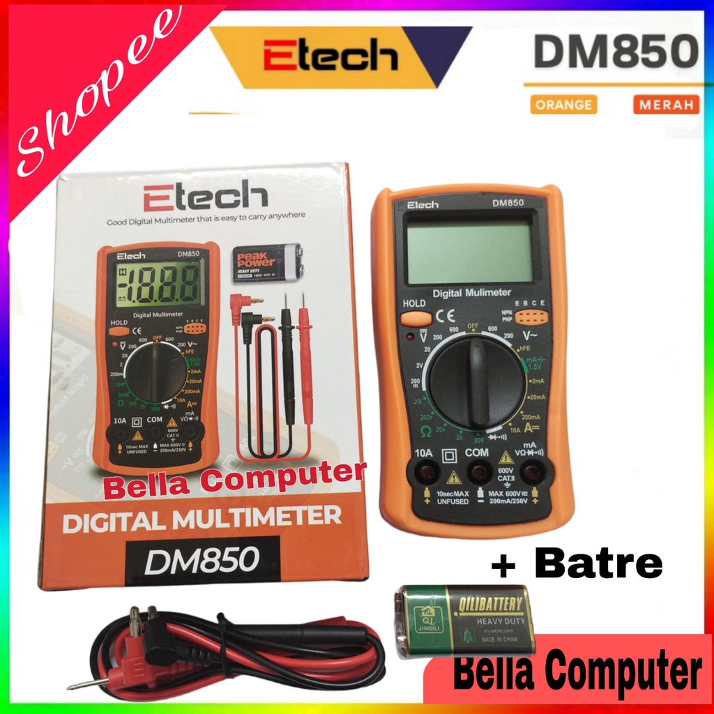 Plus Baterai ETECH DM850 Digital Multimeter Multitester Voltage Tester Portable Automatic AC/DC Voltage Tester with LCD