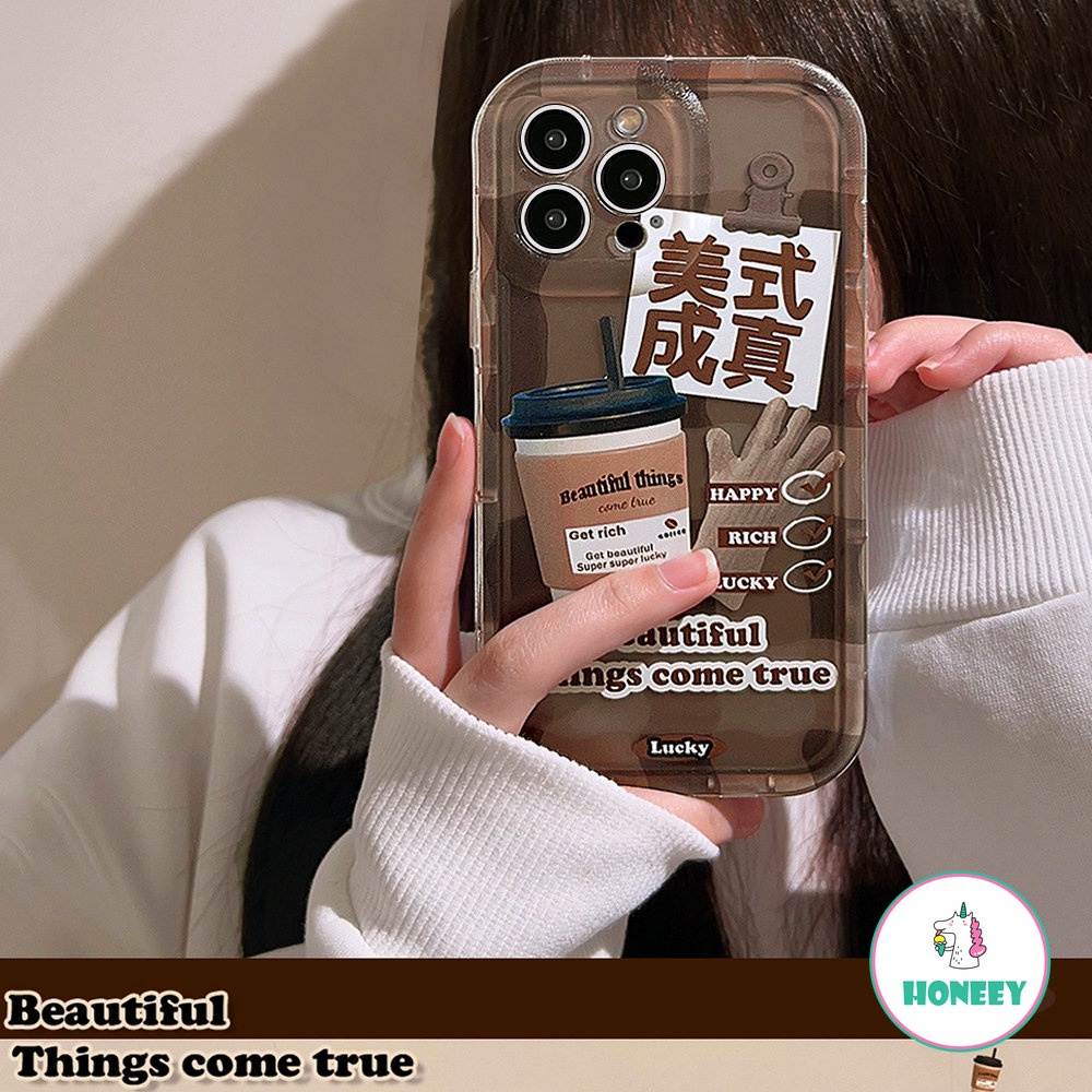 Korea INS Coffee Transparan Phone Case Kompatibel Untuk iPhone 14 Pro Max Case iPhone 11 12 13promax 14plus Fashion Air Cushion Shockproof Back Cover