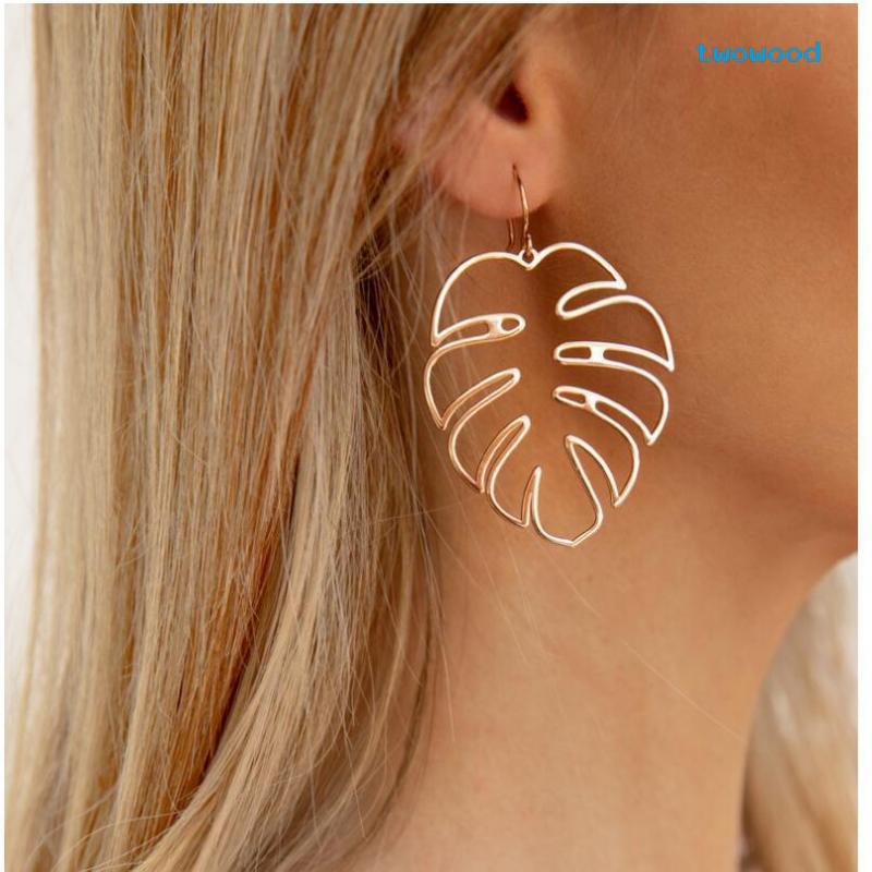 Twowood All-match Temperamen Eropa Dan Amerika fashion Berlebihan Tren Kepribadian Berongga Anting Geometris Daun glossy bohemian earrings