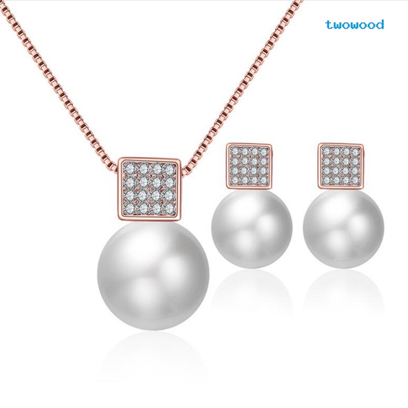 Twowood Square Diamond Pearl Pendant Set Perhiasan Kalung Anting Pengantin Pernikahan