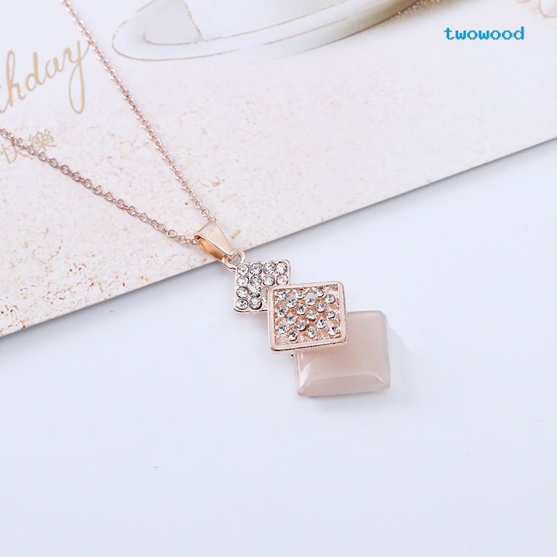 Twowood Fashion Berongga Persegi Berlian Opal Set Anting Kalung Perhiasan