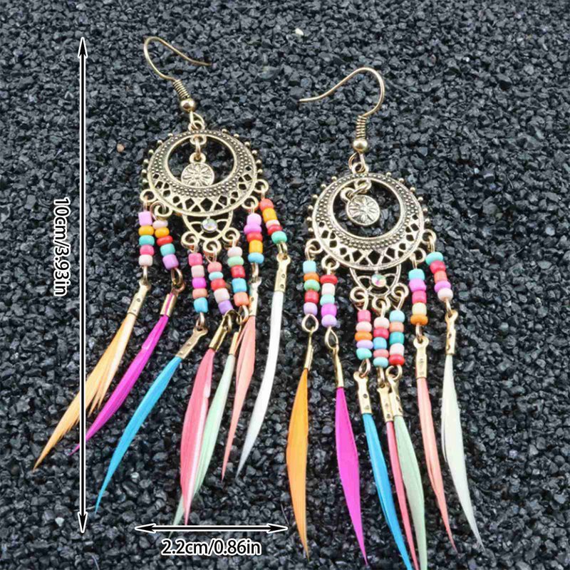 Bohemian Anting Rumbai Untuk Wanita Menjuntai Anting Panjang Bulu Boho Drop Earrings Biji Manik Perhiasan Vintage