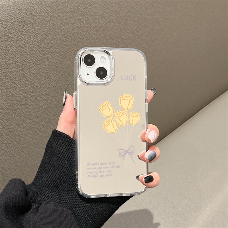 IPHONE Lucky Yellow Rose Mirror Phone Case Kompatibel Untuk Iphone11 12 13 14 12Pro 13Pro 14Pro Pro Max XR X XS Max Electroplating Tombol Perlindungan Mirror Cover