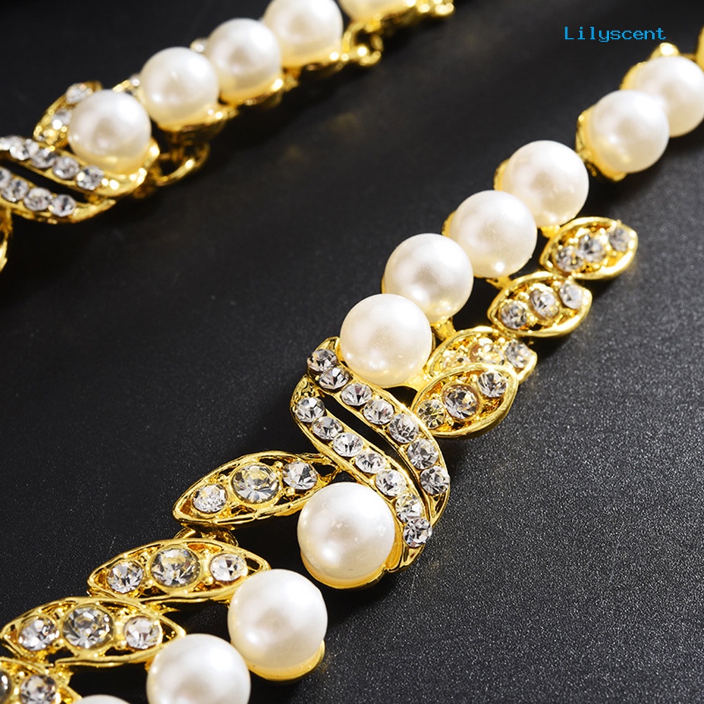 [LS]Faux Mutiara Berlian Imitasi Daun Menjuntai Anting Kalung Bridal Pernikahan Perhiasan Set