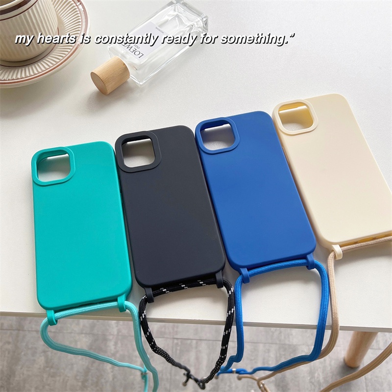 IPHONE Menebal Silikon Anti Rontok Lanyard Cover Cocok Untuk Iphone14 13 12 11 Pro X XS Max XR 78 14 Plus Matte Casing Pelindung Tali Diagonal Soft Case