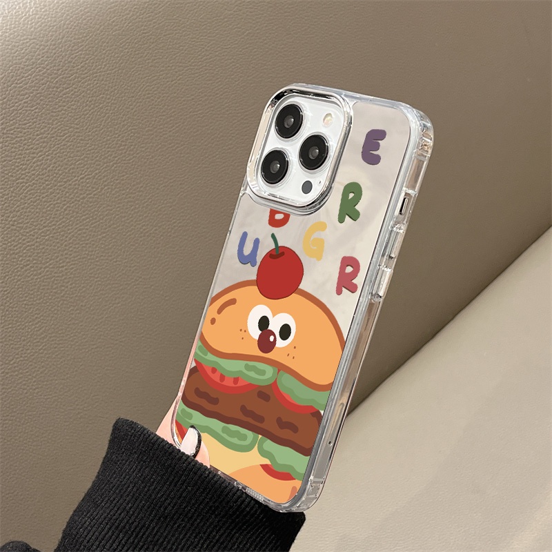 IPHONE Casing Ponsel Cermin Motif Hamburger Kompatibel Untuk Iphone11 12 13 14 12Pro 13Pro 14Pro Pro Max XR X XS Max Electroplating Tombol Perlindungan Mirror Cover