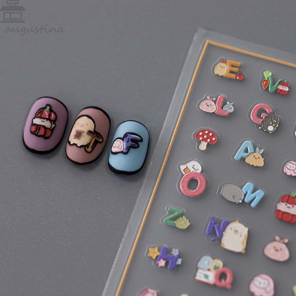 AUGUSTINA Agustina Bow Nail Stiker Wanita Perekat Diri Relief Bunga Huruf Inggris Dekorasi Kuku