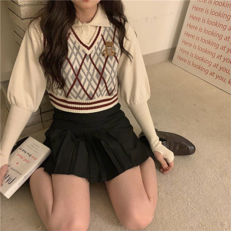 IMPORT WOMAN TEEN TEDDY BEAR CROPTOP KNIT VEST ROMPI WANITA RAJUT IMPOR MUSIM DINGIN KOREAN STYLE